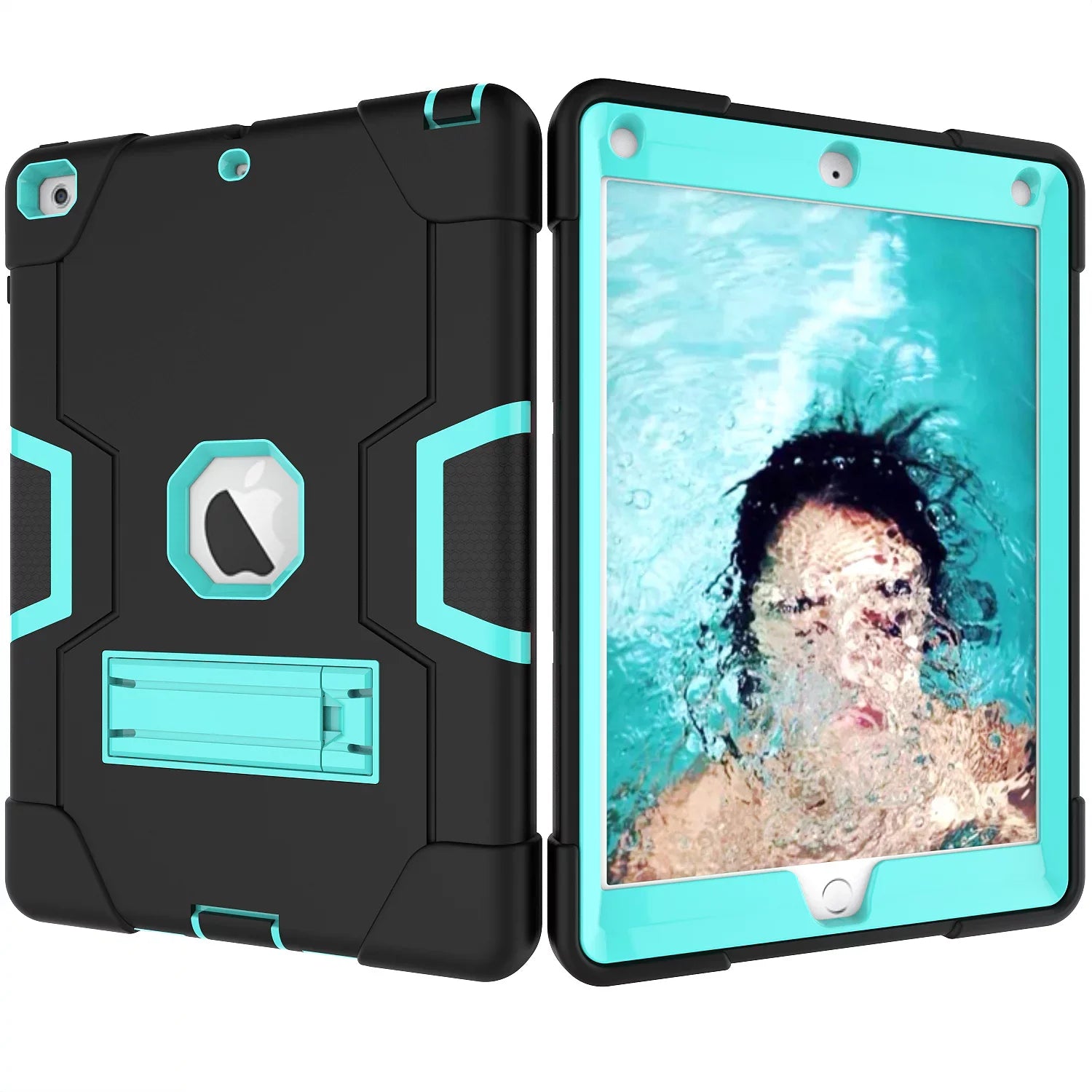 Allytech Case for New iPad 9.7 2018 2017,iPad 6th/5th Generation Case,Three Layer Shockproof Armor Defender Protective Case Coating for Apple iPad 9.7 2017/2018 A1893 A1954 A1822 A1823 (Black/Aqua)