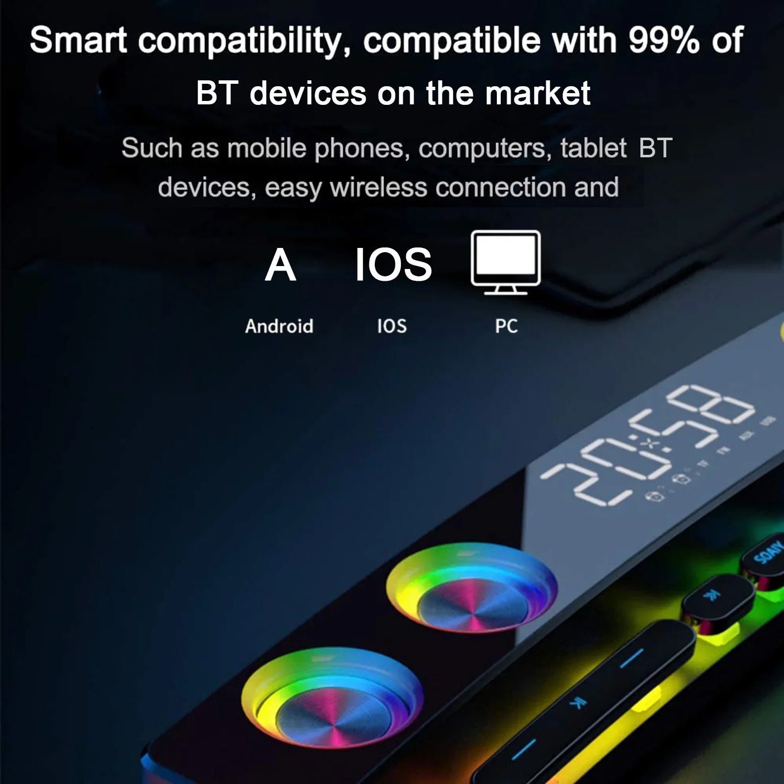 soaiy/SH39 Wireless HiFi Speaker Computer Game Subwoofer BT Speaker 3600mAh Sound Bar Stereo Music Player Clock 3D Stereo Bass Surround Sound Box 3.5mm Audio Input for PC Laptop Smartphone Tablet MP3