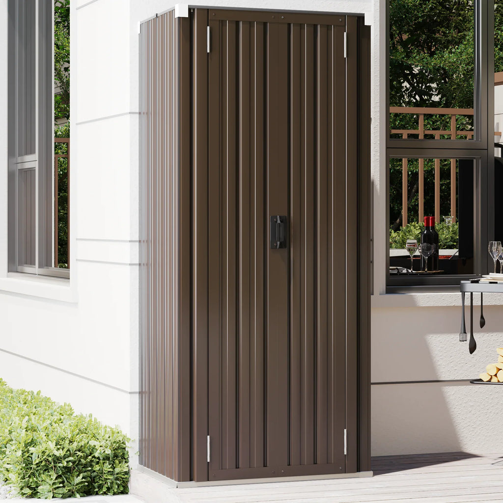 YODOLLA 70" Metal Storage Cabinet with Doors and Shelves Outdoor/ Indoor Storage Shed Organizer for Garage& Garden in Brown