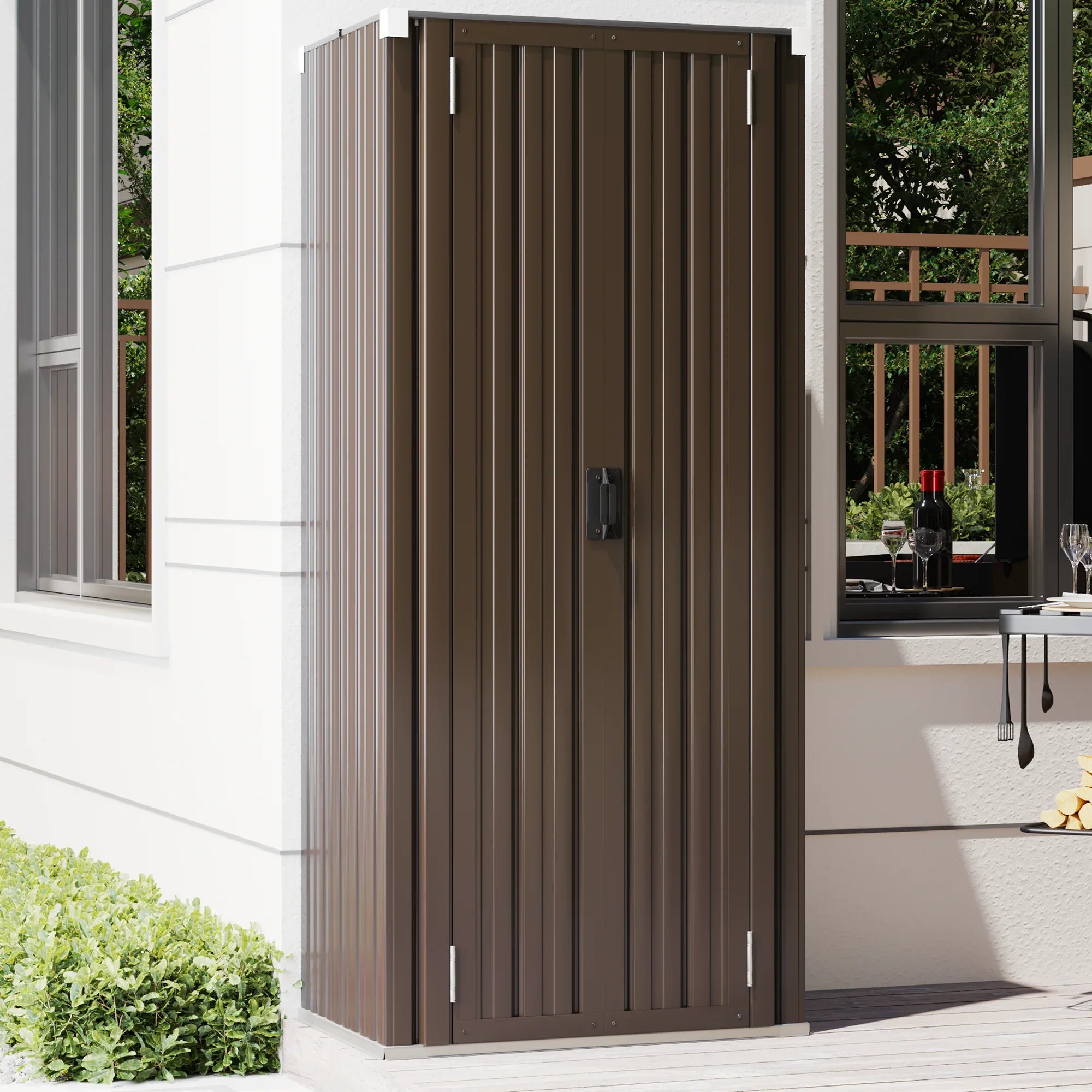 YODOLLA 70" Metal Storage Cabinet with Doors and Shelves Outdoor/ Indoor Storage Shed Organizer for Garage& Garden in Brown
