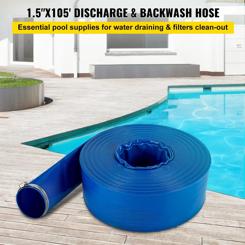 BENTISM Discharge Hose, 1-1/2" x 105', PVC Fabric Lay Flat Hose, Heavy Duty Backwash Drain Hose with Clamps, Condition & Burst-proof, Perfect for Swimming Pool & Water Transfer