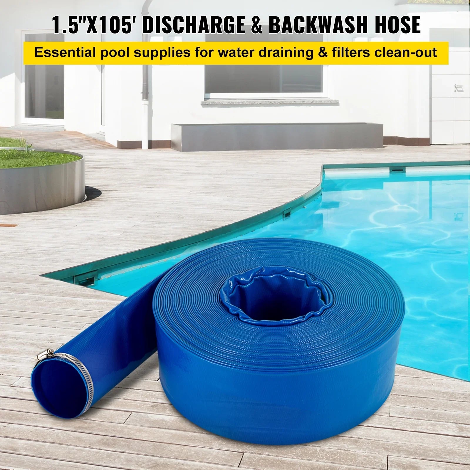 BENTISM Discharge Hose, 1-1/2" x 105', PVC Fabric Lay Flat Hose, Heavy Duty Backwash Drain Hose with Clamps, Condition & Burst-proof, Perfect for Swimming Pool & Water Transfer