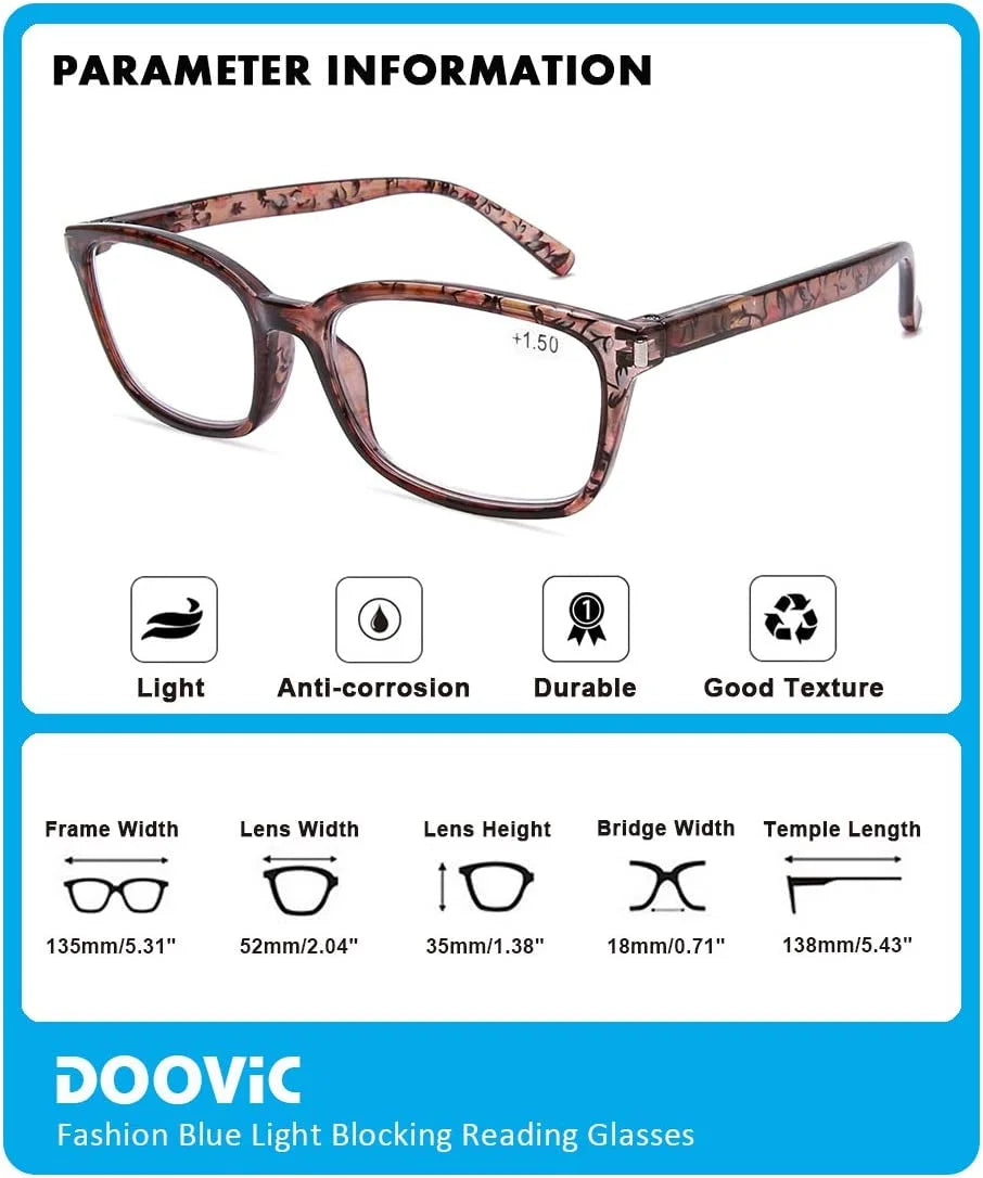 DOOViC 4 Pack Computer Reading Glasses Blue Light Blocking Anti Eyestrain Spring Hinge Stylish Readers for Women 3.00 Strength