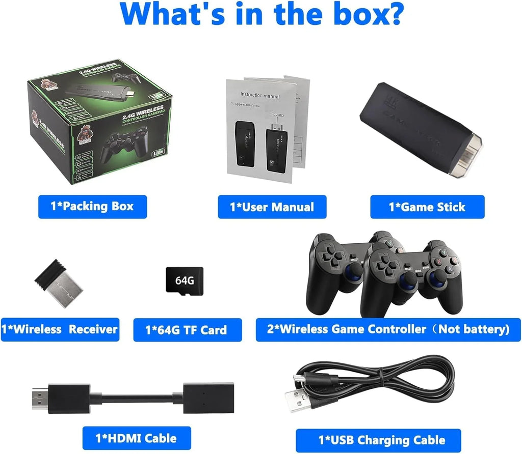 Retro Game Stick,Wireless Retro Game Console Built in 10000+ Games, 9 Emulators, Plug and Play Video Game Stick 4K HD Output with 2.4GHz Wireless Controllers (64G)