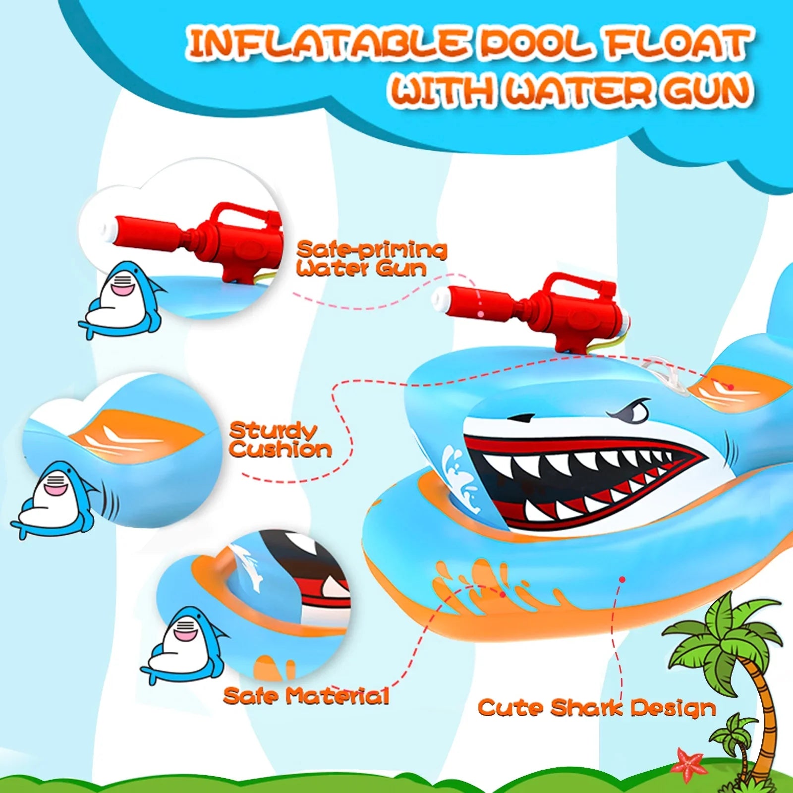Pool Floats for Kids,Shark Ride-on Pool Toys with Waterpistol for Kid Pool Game Boys Girls Age 3-12