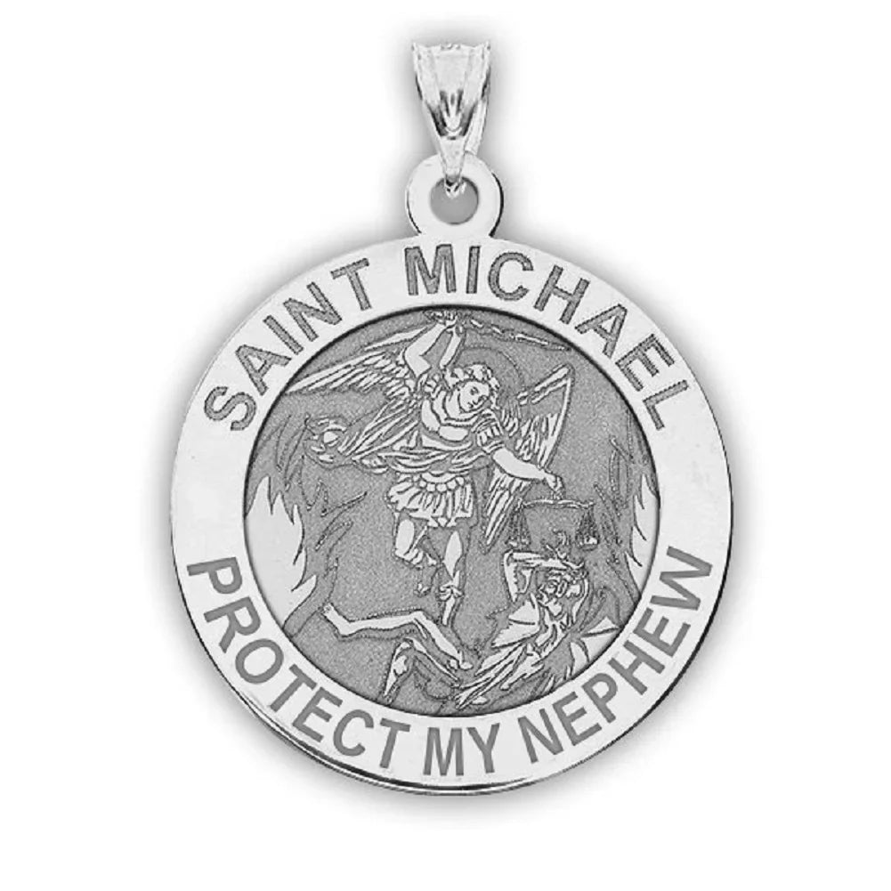 Picturesongold.Com Saint Michael Protect My Nephew Religious Medal Female Adult 3/4" 14K Yellow Gold