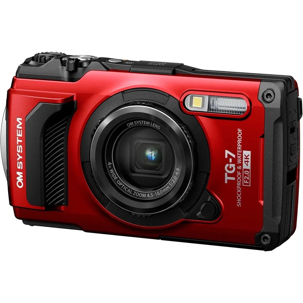 Olympus OM SYSTEM Tough TG-7 Digital Camera (Red) + Extra Battery +Tripod + 1 Yr Warranty -64GB Kit