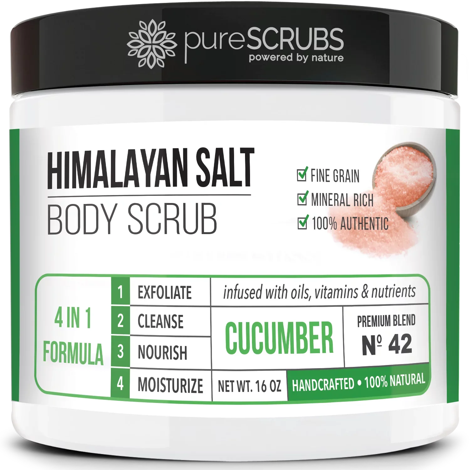pureSCRUBS Premium Pink Himalayan Salt Body Scrub Set- Large 16oz CUCUMBER BODY SCRUB - Infused With Organic Essential Oils & Nutrients + FREE Wooden Spoon, Loofah & Mini Exfoliating Bar Soap