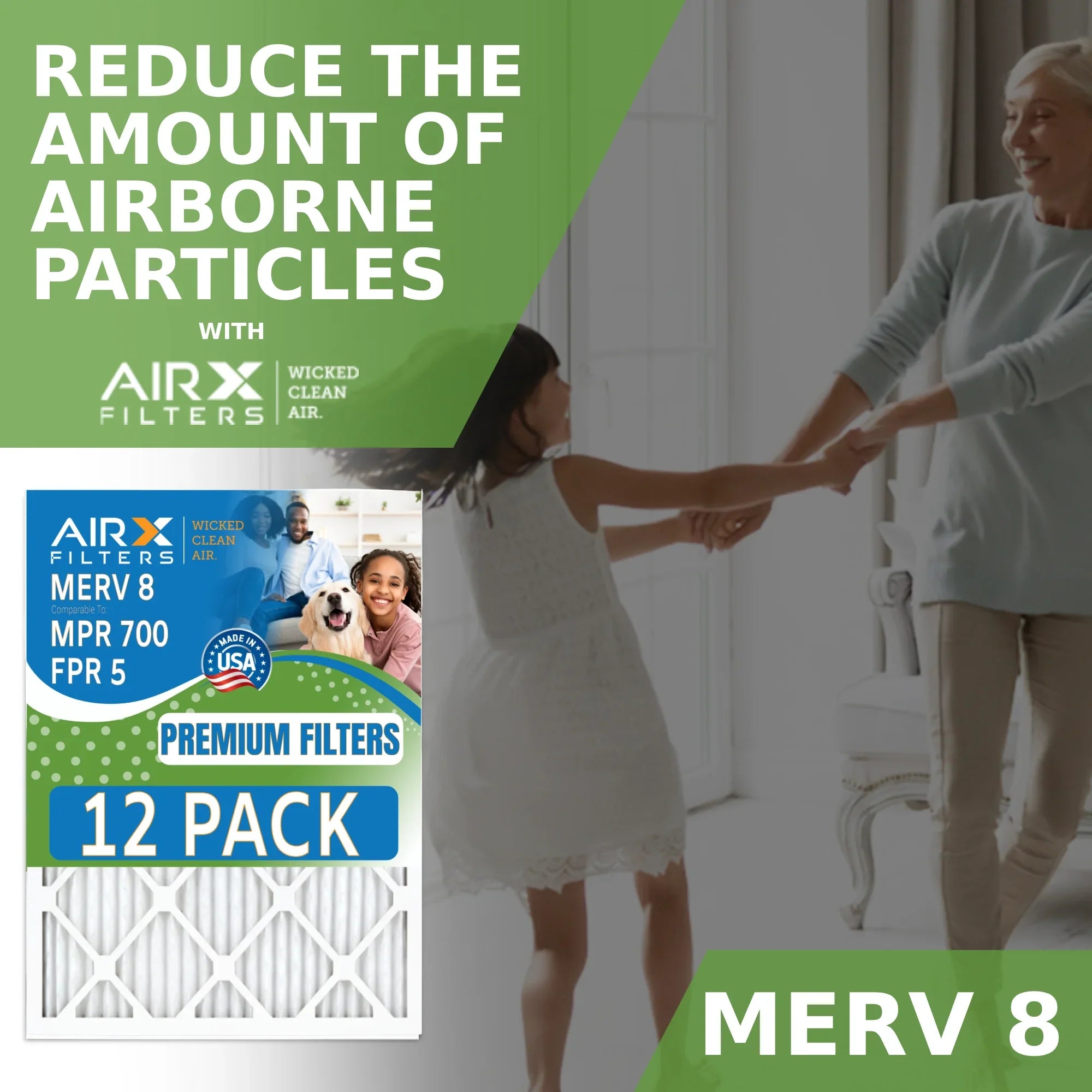 24x24x2 Air Filter MERV 8 Rating, 12 Pack of Furnace Filters Comparable to MPR 700 & FPR 5 - Made in USA by AIRX FILTERS WICKED CLEAN AIR.