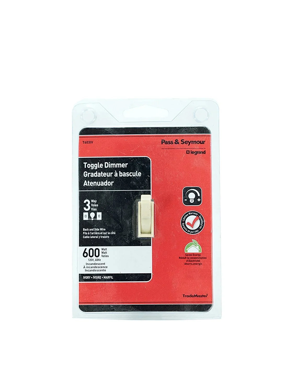 Legrand T603IV Pass & Seymour 600-Watt Ivory 3-Way Toggle Dimmer Switch - Quantity 1
