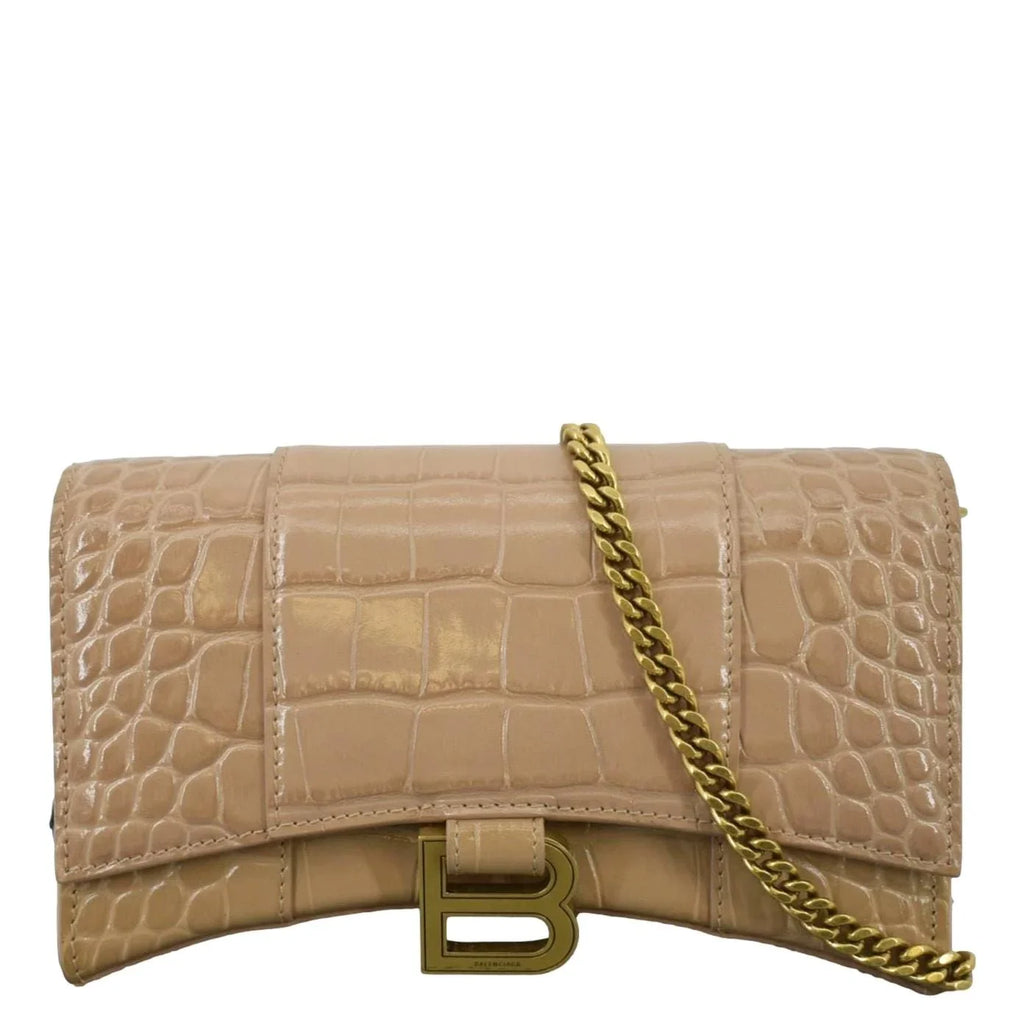 Pre-owned BALENCIAGA Hourglass Crocodile Embossed Leather Chain Shoulder Bag Light Brown