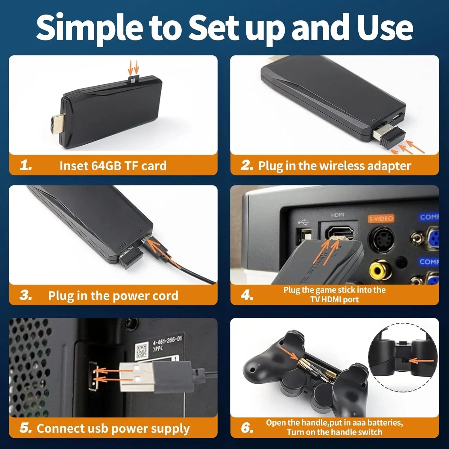 Game Stick 64G, 25,000+ Retro Games, Fitting with 12 Emulator Console, Wireless Retro Game Console Support 4K HD Output, Plug and Play Video Games for TV, 2.4G Wireless Controllers