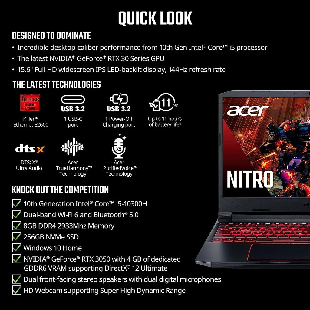Acer Nitro 5 15.6-Inch 144hz IPS Gaming Laptop + High Caliber 6ft HDMI Cable + LCD Screen Cleaner + Wired Stereo Gaming Headset + Gaming Mouse