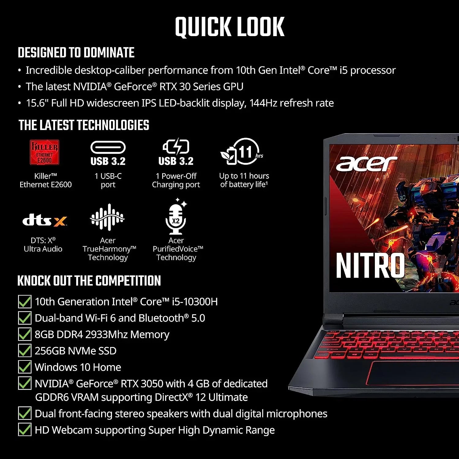 Acer Nitro 5 15.6-Inch 144hz IPS Gaming Laptop + High Caliber 6ft HDMI Cable + LCD Screen Cleaner + Wired Stereo Gaming Headset + Gaming Mouse
