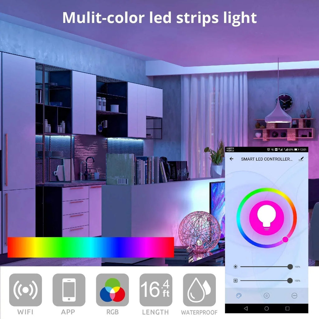 WBM Smart LED Color Changing Strip Light For Bedroom, App Remote Control, 32.8 Ft