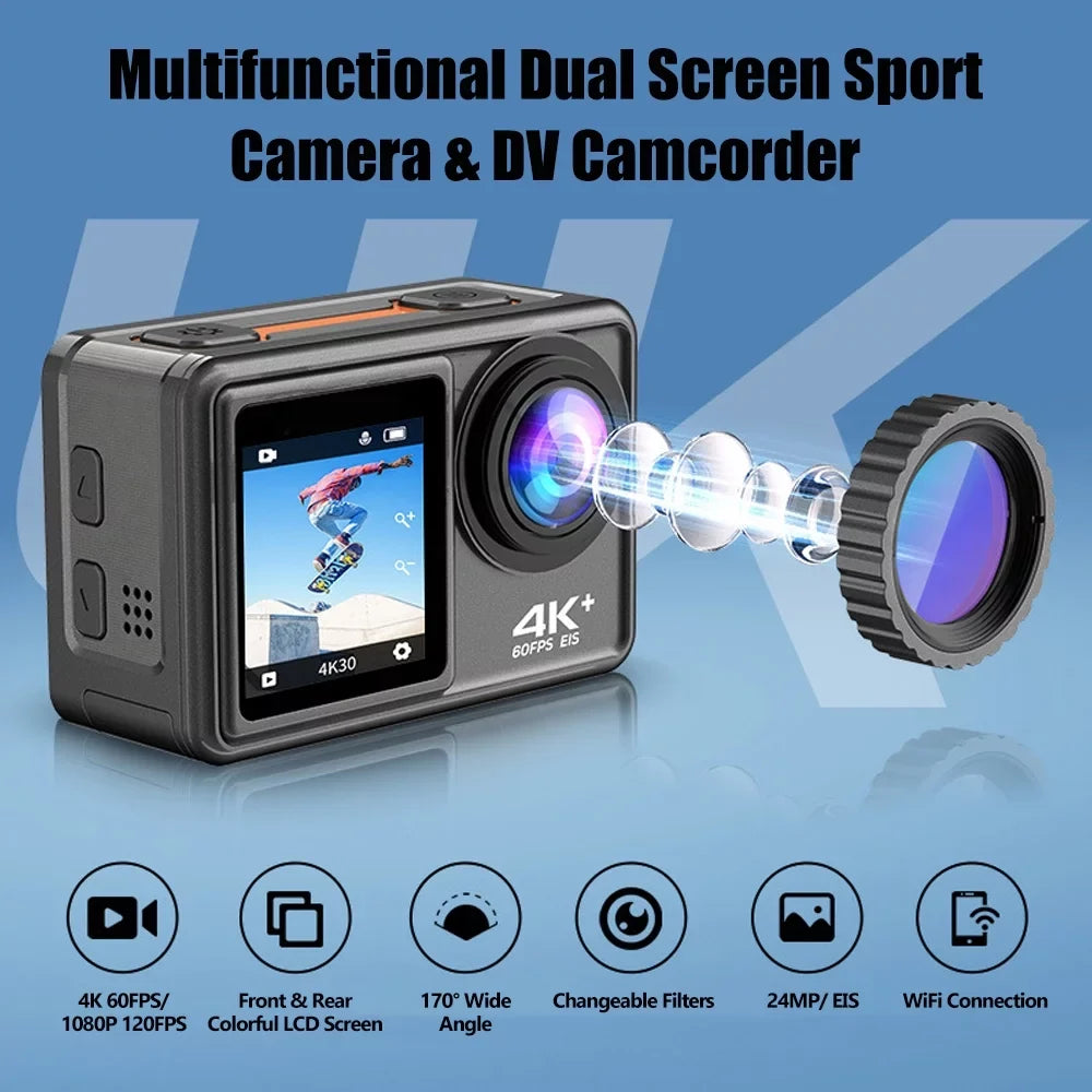 GoolRC 4K 24MP Dual Screen Sport DV 2.0 Inch Screen 170° Wide Angle EIS 40m Waterproof WiFi with Macro Lens Remote Control for Sports