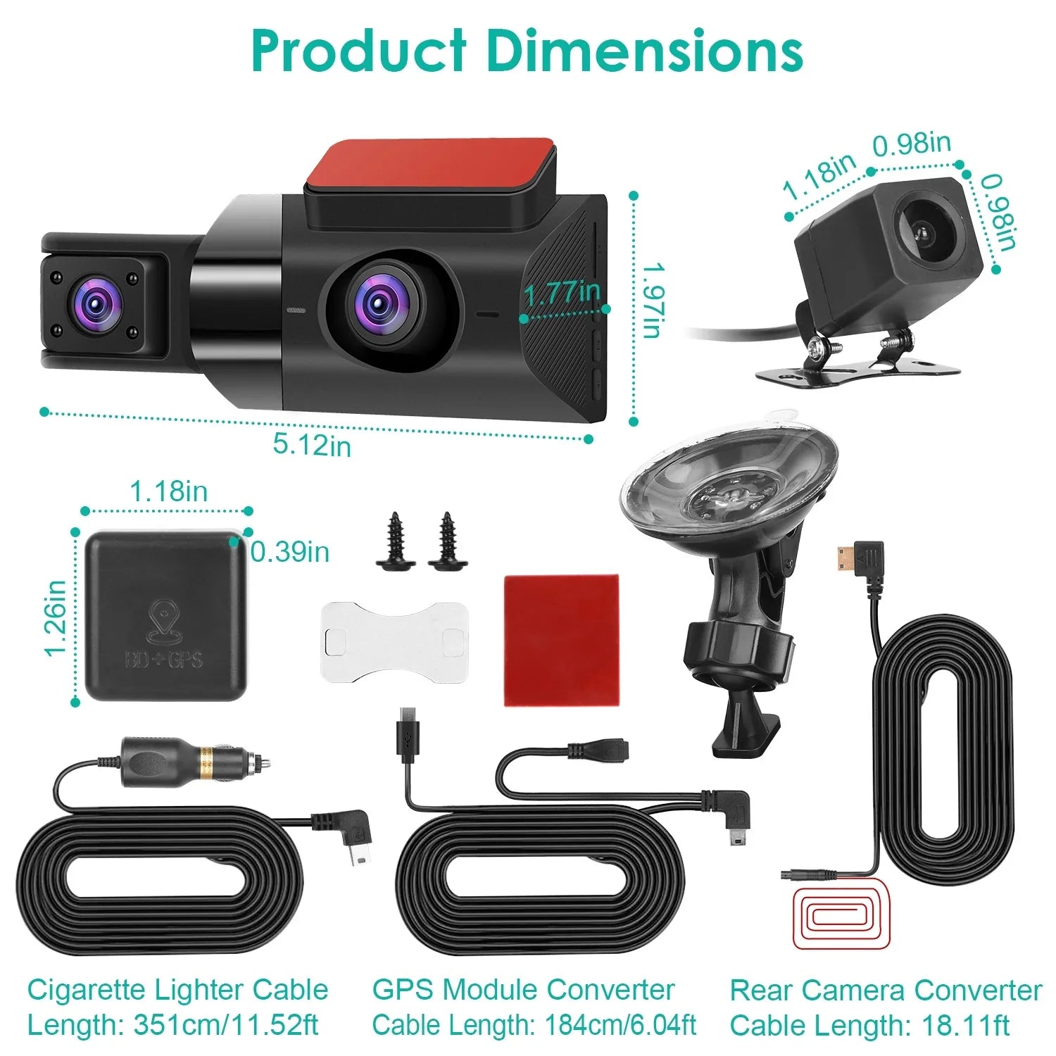 iMounTEK 2K Car DVR 3 Channel Dash Cam Camcorder Camera Recorder with 140° Angle GPS WiFi Night Vision G-sensor Loop Recording Parking Monitor
