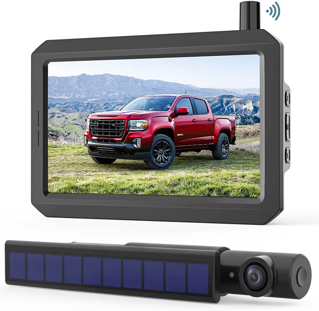 SunGo2 Solar 5 Inch HD Monitor Wireless Backup Camera Kit for Car, Supports 2 Cameras, True Wireless DIY Installation Back Up Camera Systems for Truck, Pickup, Trailer