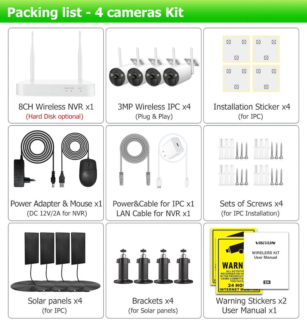 VIKVIZ 8CH WiFi CCTV System 4Pcs 3MP Battery Camera , 4 Solar Panels , 2.5inch HDD Wireless NVR