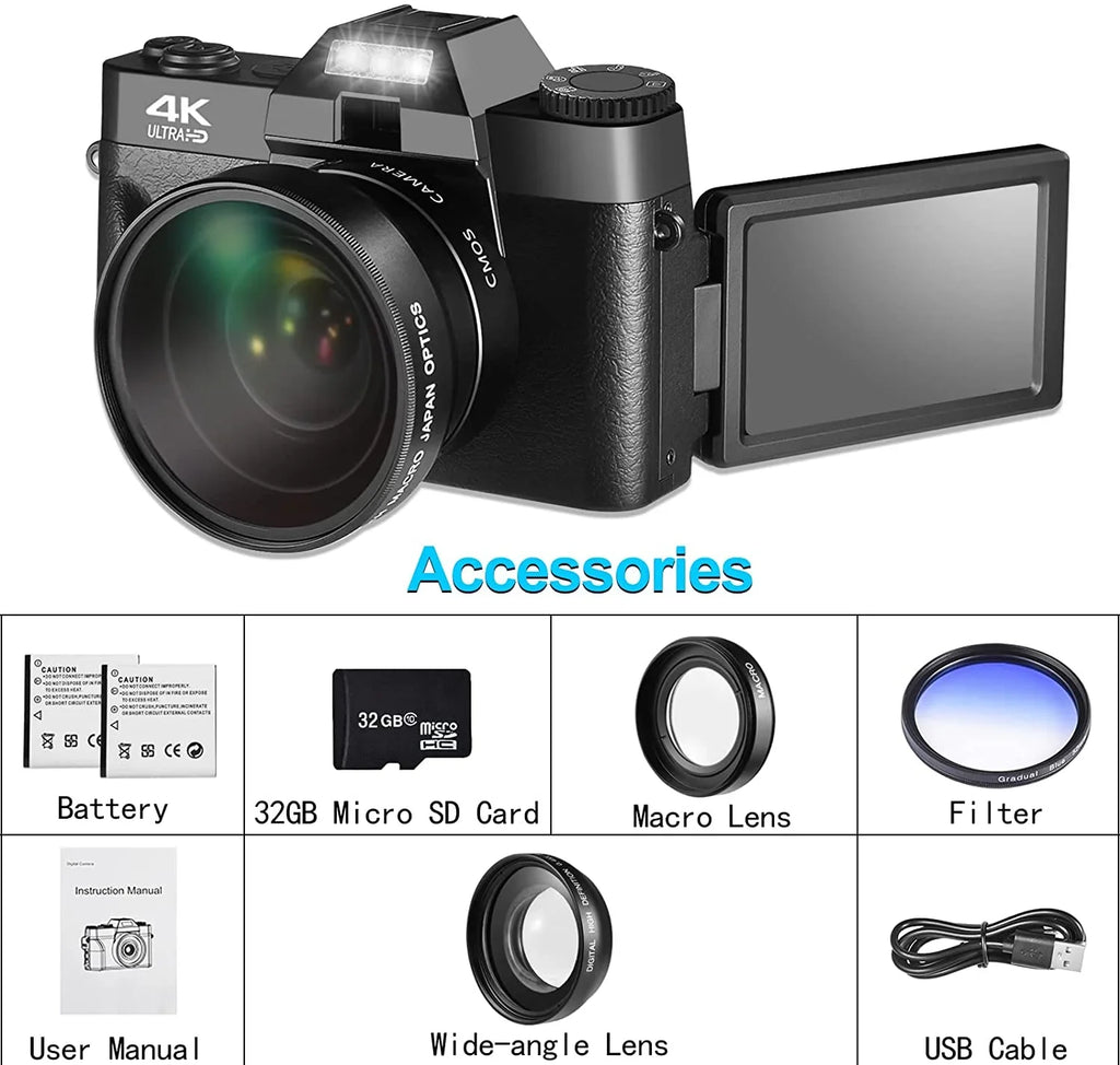 48MP Digital Camera for Photography,4K Vlogging Camera,Digital Camera for Kids and Adults with 180° Flip Screen,Wide-Angle Lens,Macro Lens,32 GB Micro Card,2 Batteries(Black)