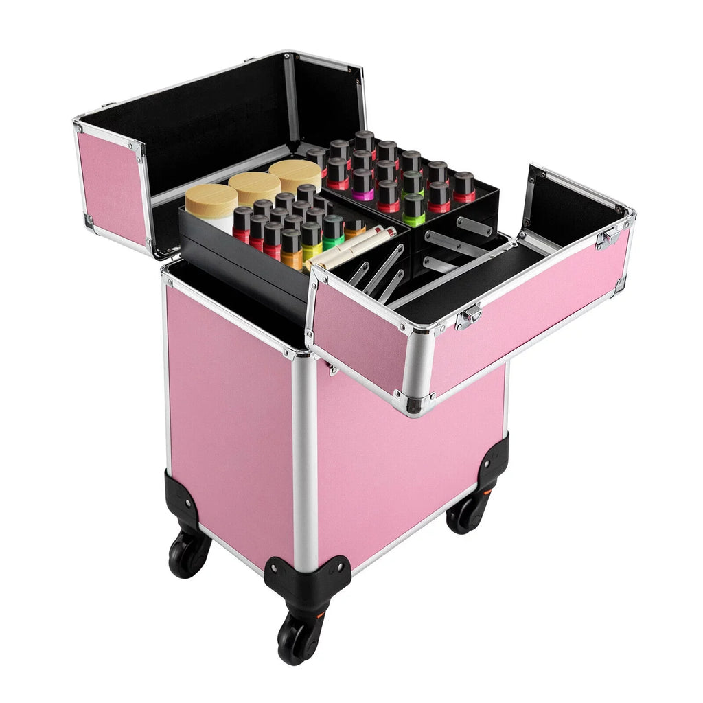 ZhdnBhnos Professional Rolling Extendable Makeup Train Case Cosmetic Trolley Storage Box Organizer (Pink)