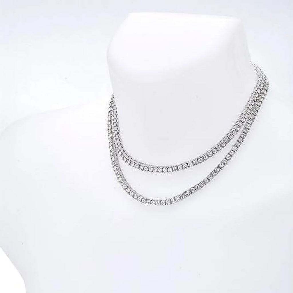 Hip Hop Luxury Silver Plated Double Tennis Chain 16" + 18" and 2 Row 8" Bracelet 3 pc Set