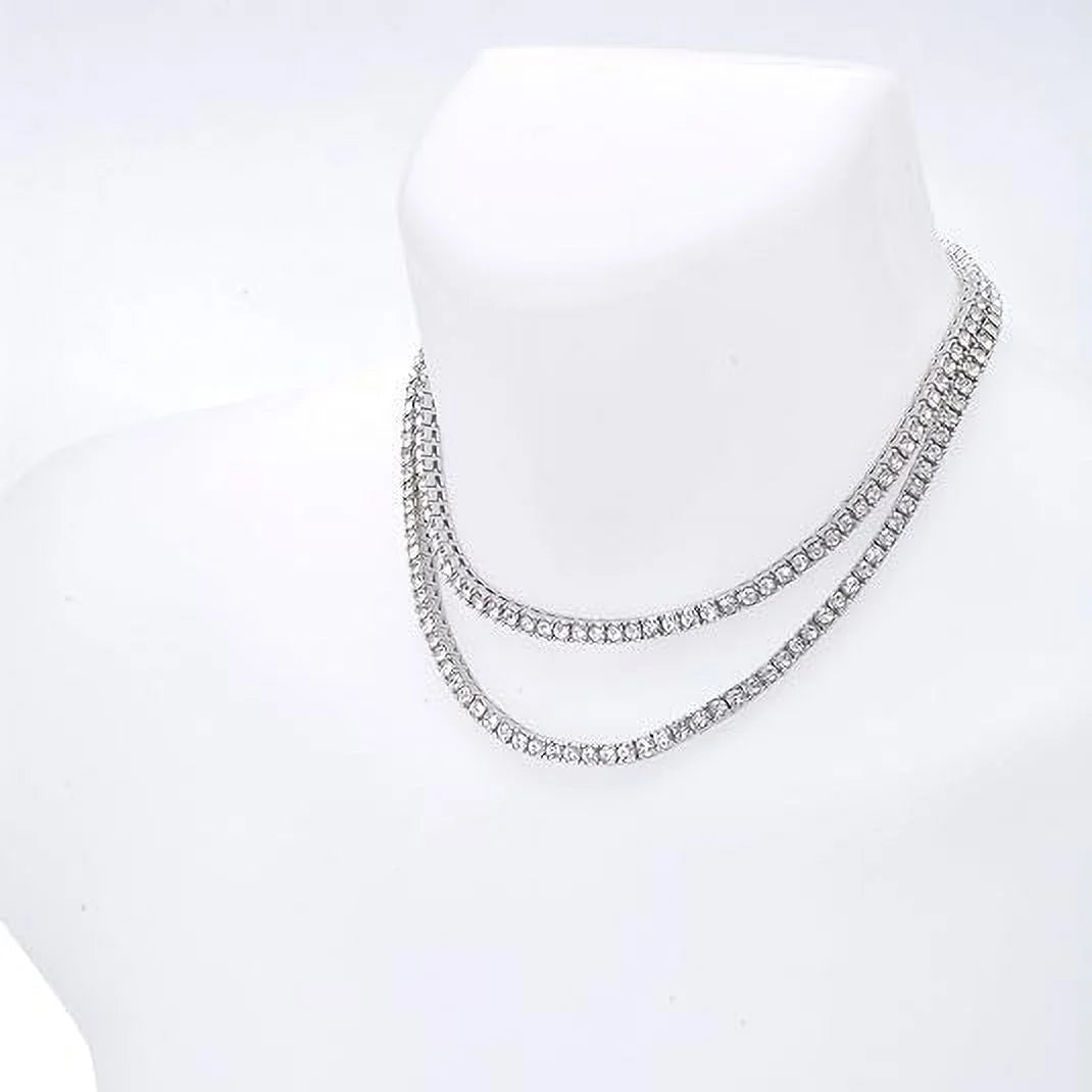 Hip Hop Luxury Silver Plated Double Tennis Chain 16" + 18" and 2 Row 8" Bracelet 3 pc Set