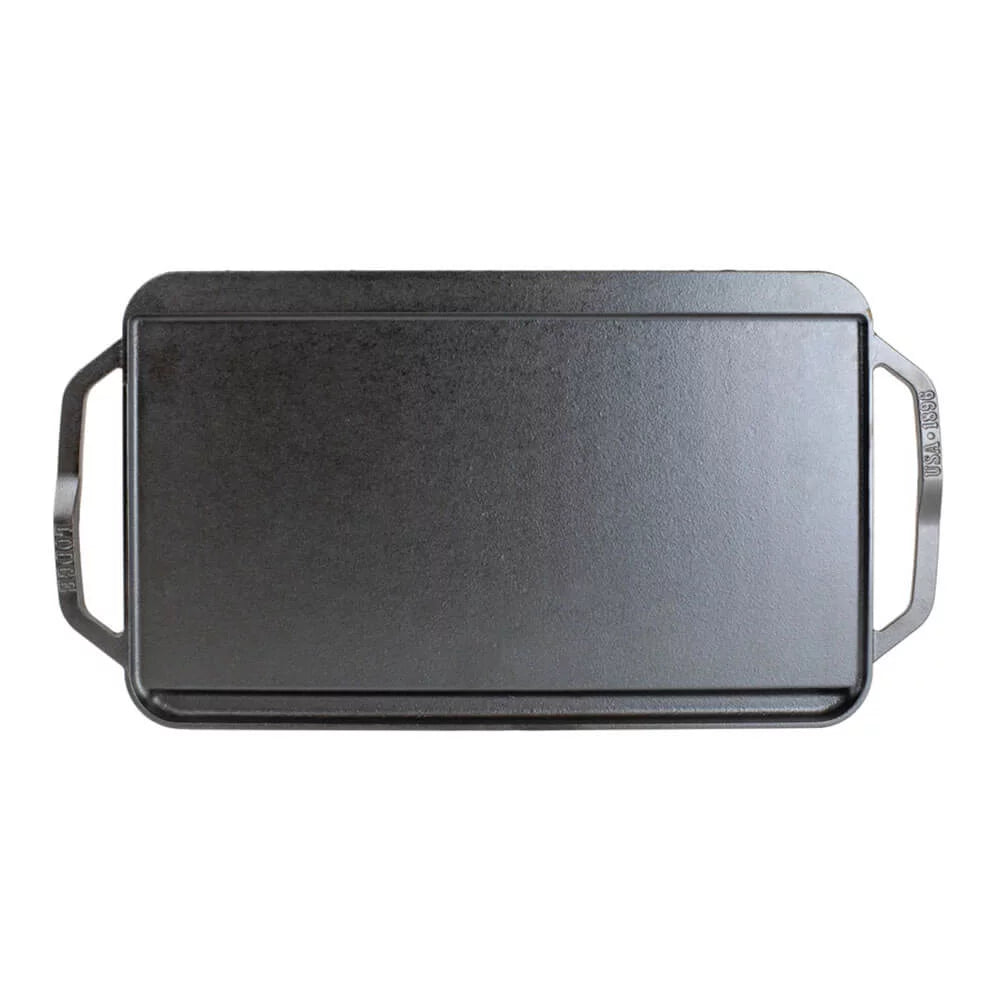 Lodge Chef Collection Cast Iron Reversible Grill/Griddle - Flat Cast Iron Griddle & Grill for Stovetop, Oven, Grill, or Open Fire - Double Burner Cast Iron Skillet with Handles