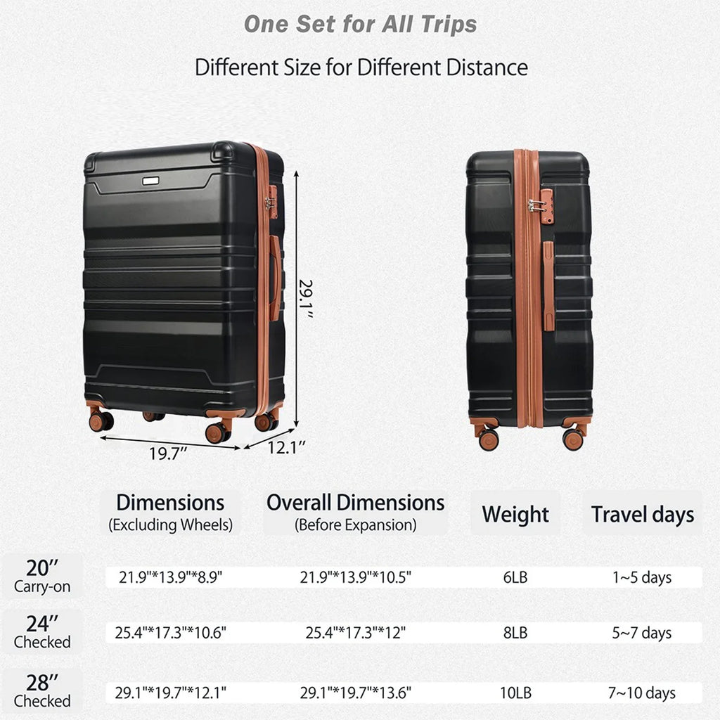 Yone jx je Luggage 3 Pcs Suitcase Set, ABS Hardside Suit case with Spinner Wheels Lightweight TSA Lock, 20/24/28 Inch,Black