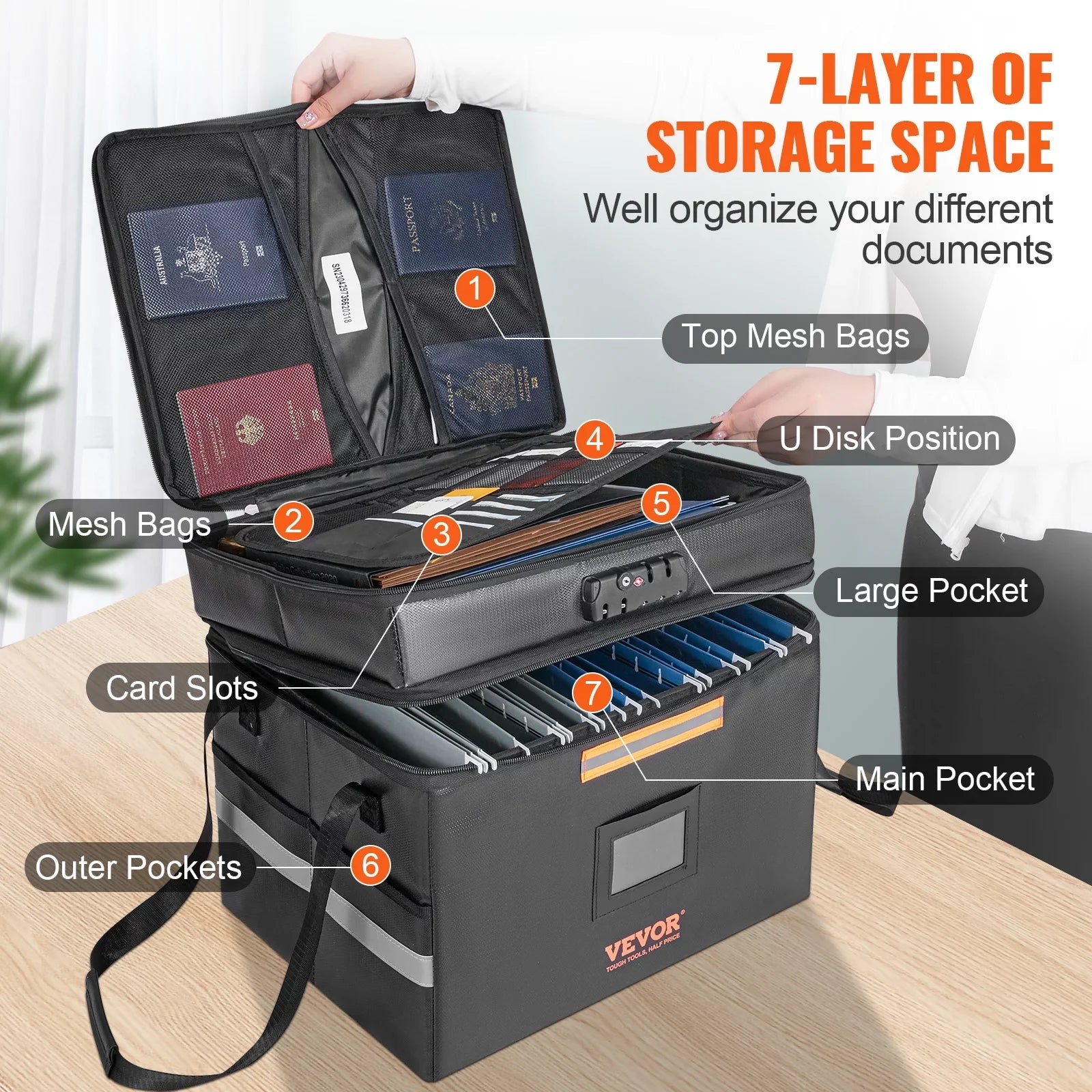 BENTISM Fireproof Document Box with Lock File Document Organizer 2000℉ Fireproof & Waterproof Document Bag 2 Layer Portable File Box with Handle