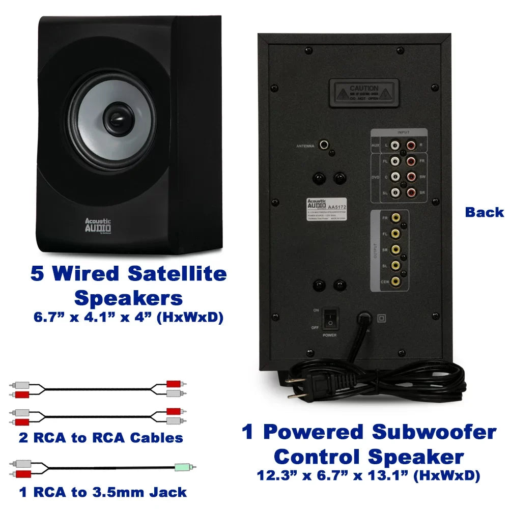 Acoustic Audio AA5172 Home Theater 5.1 Bluetooth Speaker System with USB and Optical Input