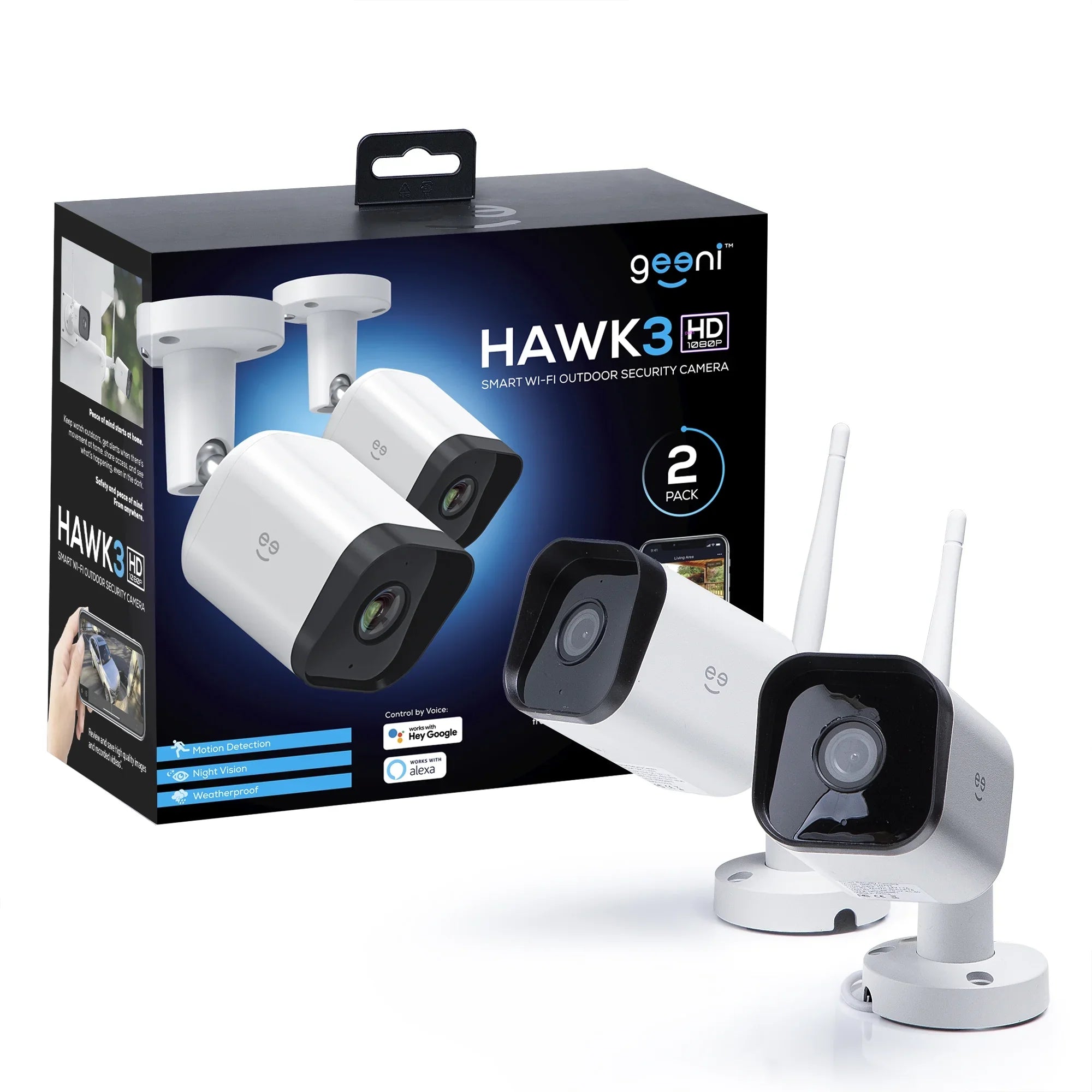 Geeni Hawk 3 1080p HD Smart WiFi Security Camera, Outdoor IP66 Environment 2-Pack (Supports Only 2.4GHz Wi-Fi)