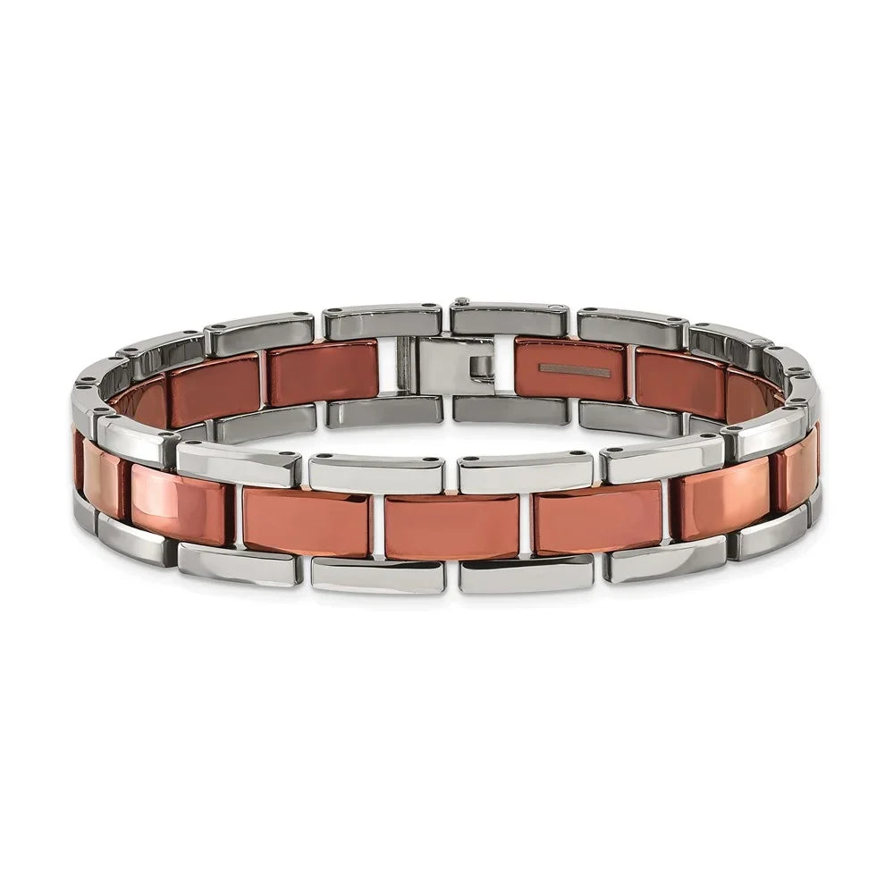 The Black Bow Men's Tungsten Polished & Brown Plated Panther Link Bracelet, 8.25 In