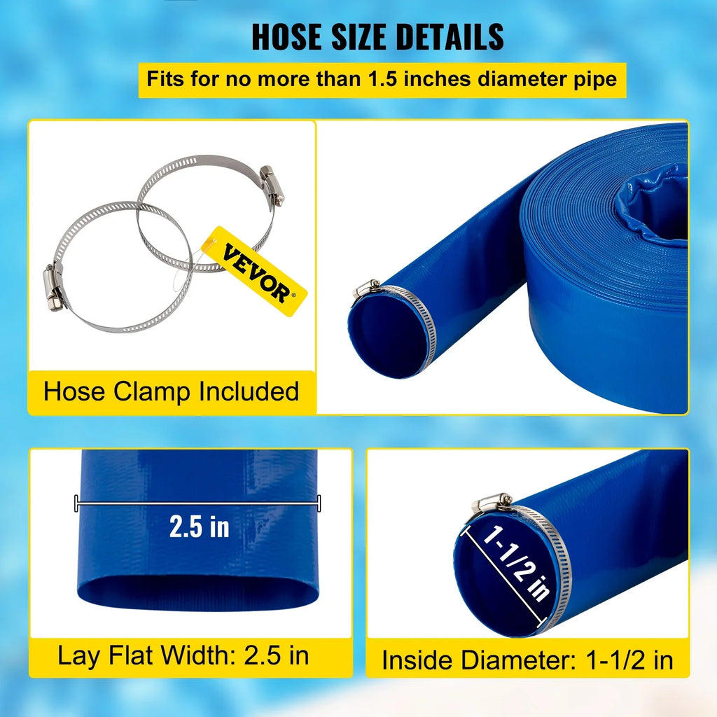 BENTISM Discharge Hose, 1-1/2" x 105', PVC Fabric Lay Flat Hose, Heavy Duty Backwash Drain Hose with Clamps, Condition & Burst-proof, Perfect for Swimming Pool & Water Transfer