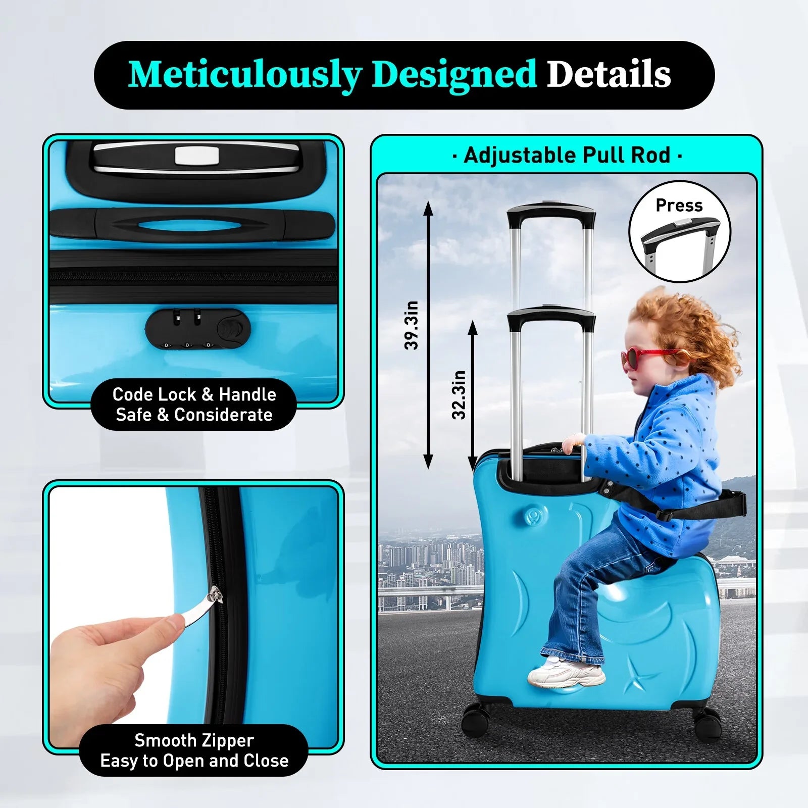 AIQIDI 20" Kids Ride On Suitcase, Portable Spinner Wheels Trolley Luggage Blue Horse Shape Kids Travel Suitcase