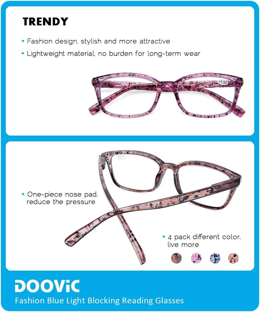 DOOViC 4 Pack Computer Reading Glasses Blue Light Blocking Anti Eyestrain Spring Hinge Stylish Readers for Women 3.00 Strength
