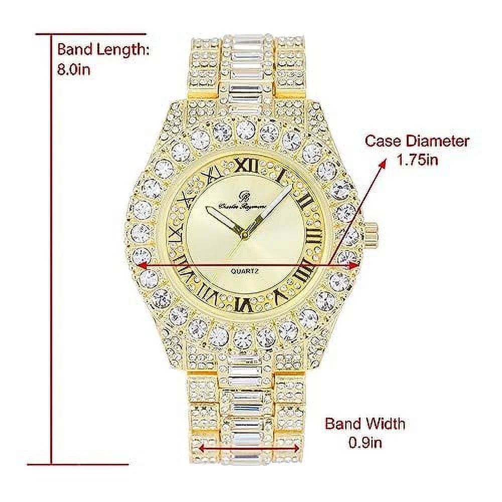 CHARLES RAYMOND Big Rocks Fully Iced Out Diamond Mens Watch w/Easy Read Date & Day - Designer Hip Hop Blinged Out Timepiece - ST10535 (ST10537-RN Gold -C)
