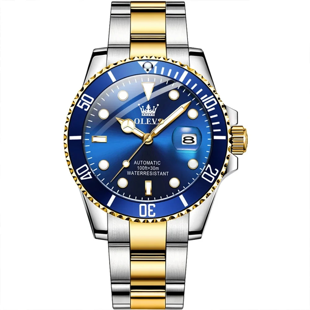 Olevs Automatic Wristwatch for Men Two-Tone Blue Gold Date Adult Male 6650A