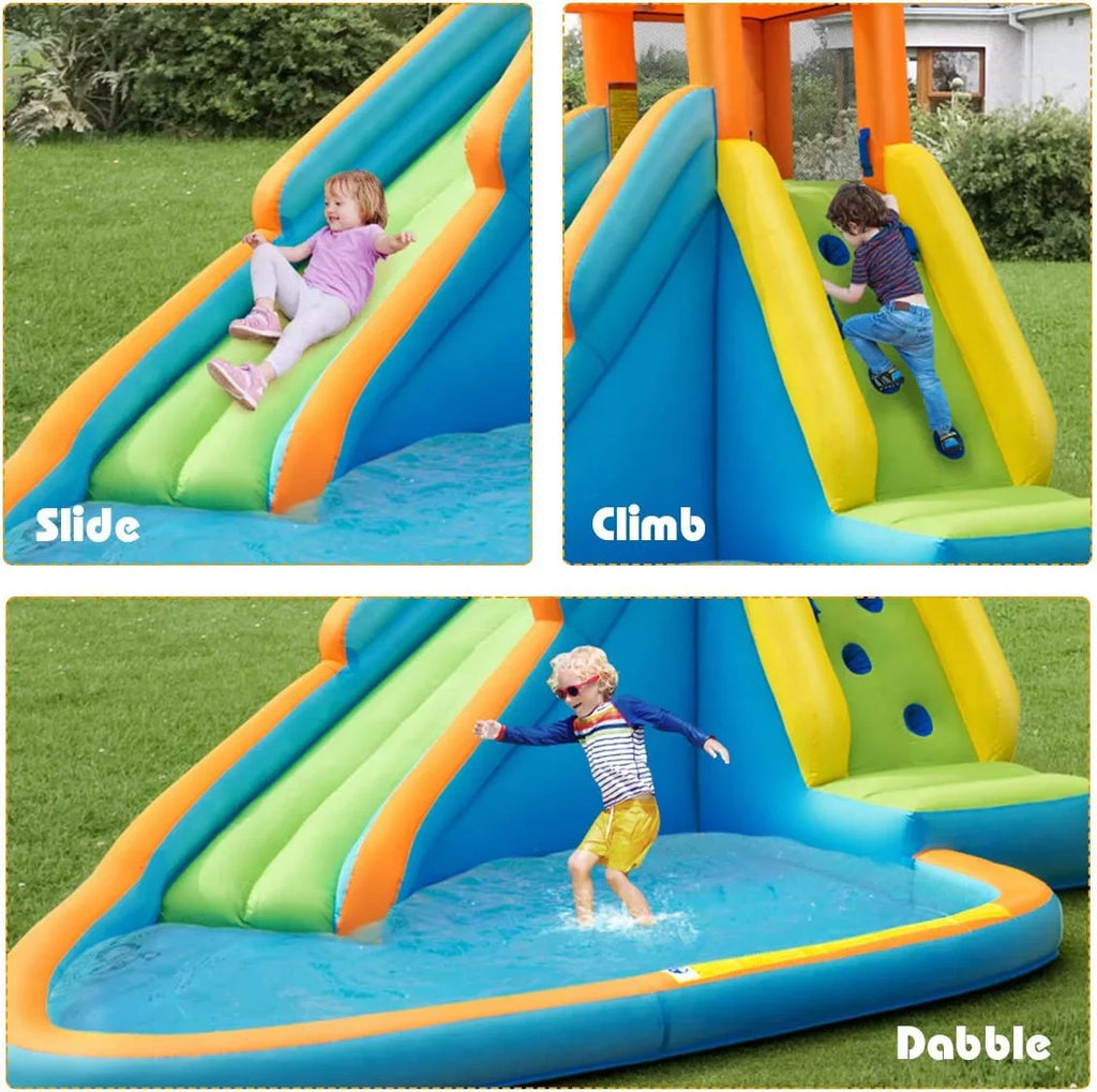 Inflatable Water Slide, Hippo Themed Water Slides for Kids Backyard w/Long Slide, 740w Blower, Splashing Pool, Water Cannon, Indoor Outdoor Blow up Giant Water Park for Big Kids and Adults