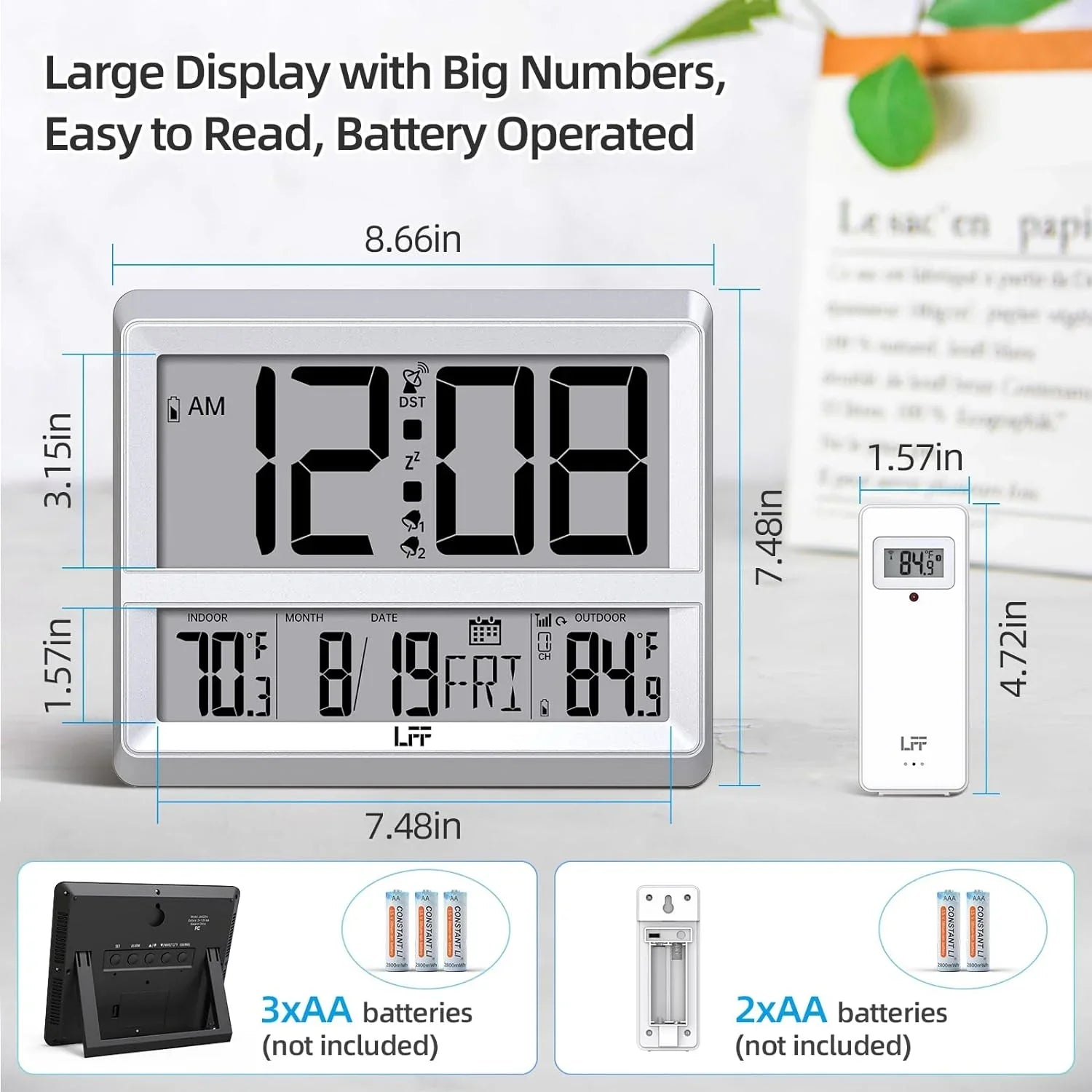 Atomic Clock Large Display, Digital Wall Clock with Indoor Outdoor Temperature and Date, Wireless Outdoor Sensor, Digital Desk Alarm Clock for Bedroom, Easy to Read, Sliver