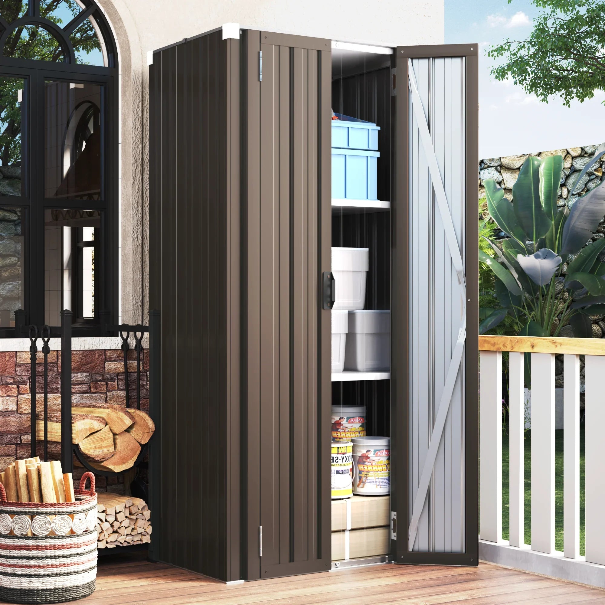 YODOLLA 70" Metal Storage Cabinet with Doors and Shelves Outdoor/ Indoor Storage Shed Organizer for Garage& Garden in Brown
