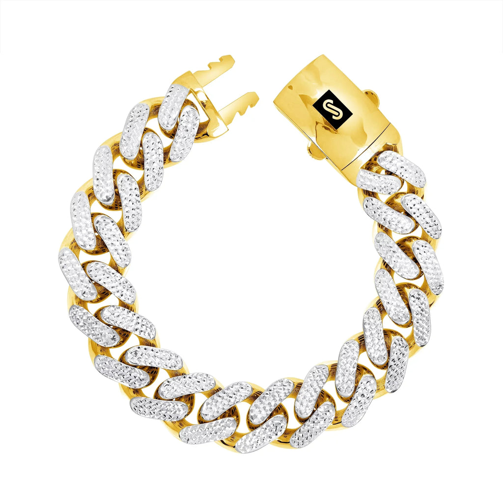 Nuragold 10k Yellow Gold 17mm Monaco Miami Cuban Diamond Cut Pave Link Chain Bracelet, Mens Jewelry Fancy Box Clasp 8" 8.5" 9"