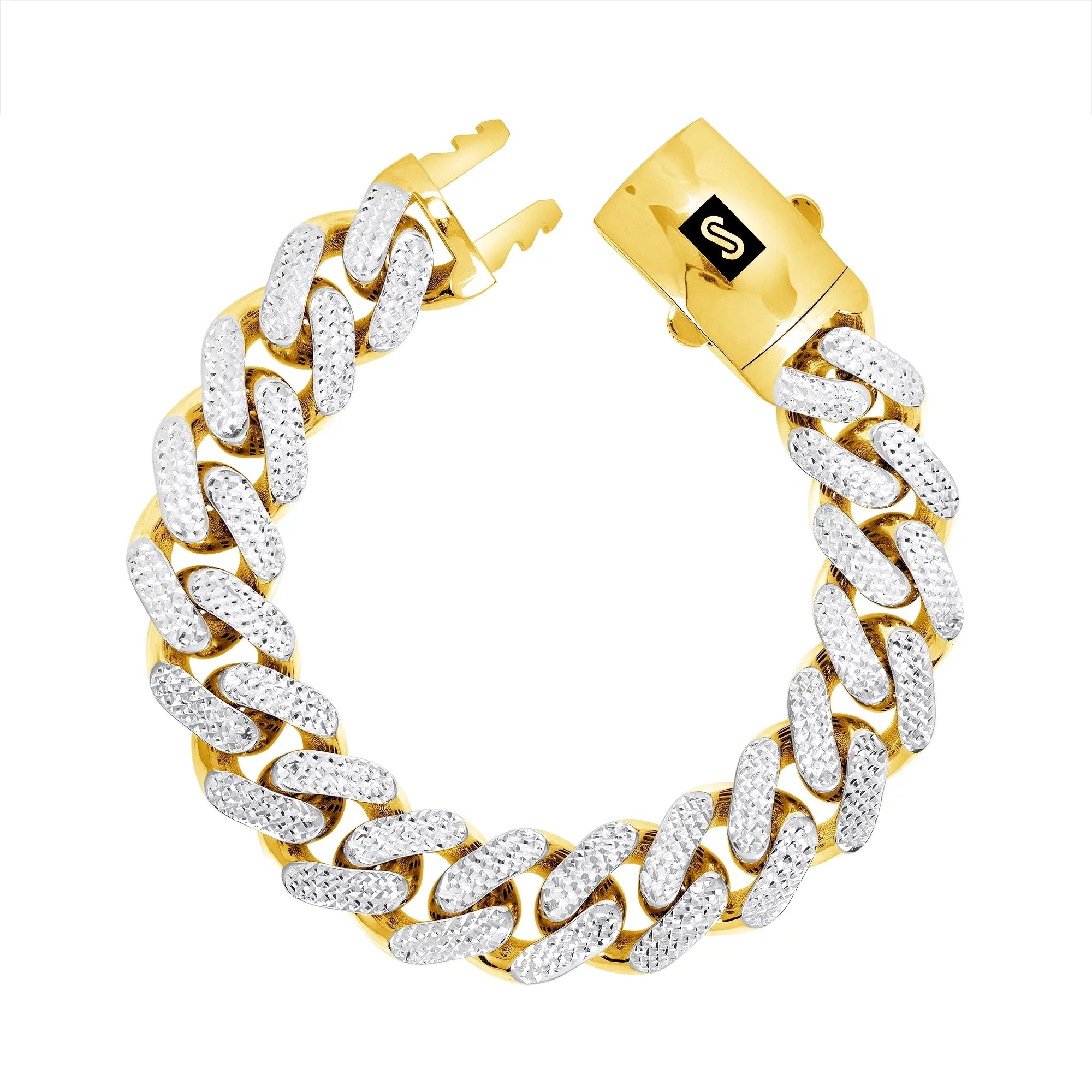 Nuragold 10k Yellow Gold 17mm Monaco Miami Cuban Diamond Cut Pave Link Chain Bracelet, Mens Jewelry Fancy Box Clasp 8" 8.5" 9"
