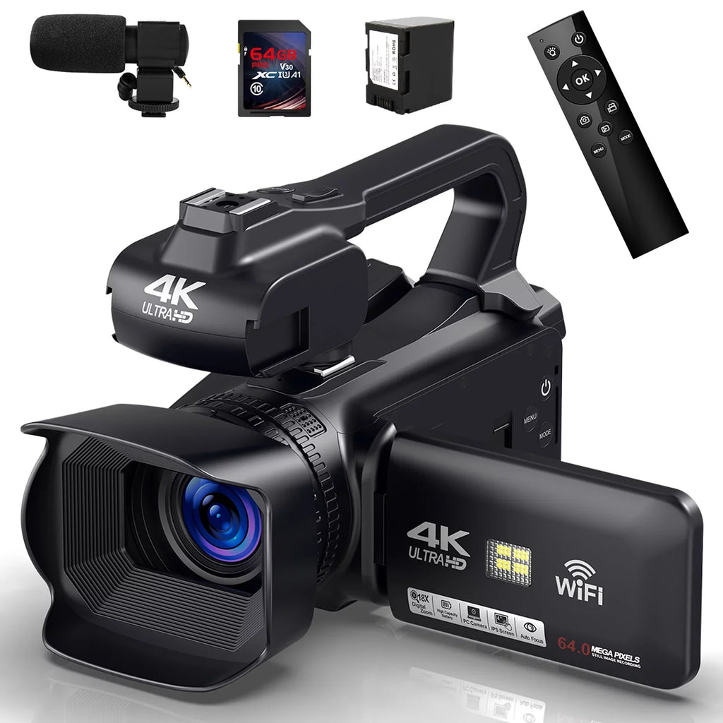 MARVUE Video Camera Camcorder 4K 64MP 60FPS,HD Auto Focus Vlogging 4.0" Touch Screen 18X Zoom Digital Camera with Charger, Microphone, Handhold Stabilizer, 64G SD Card, Remote Control