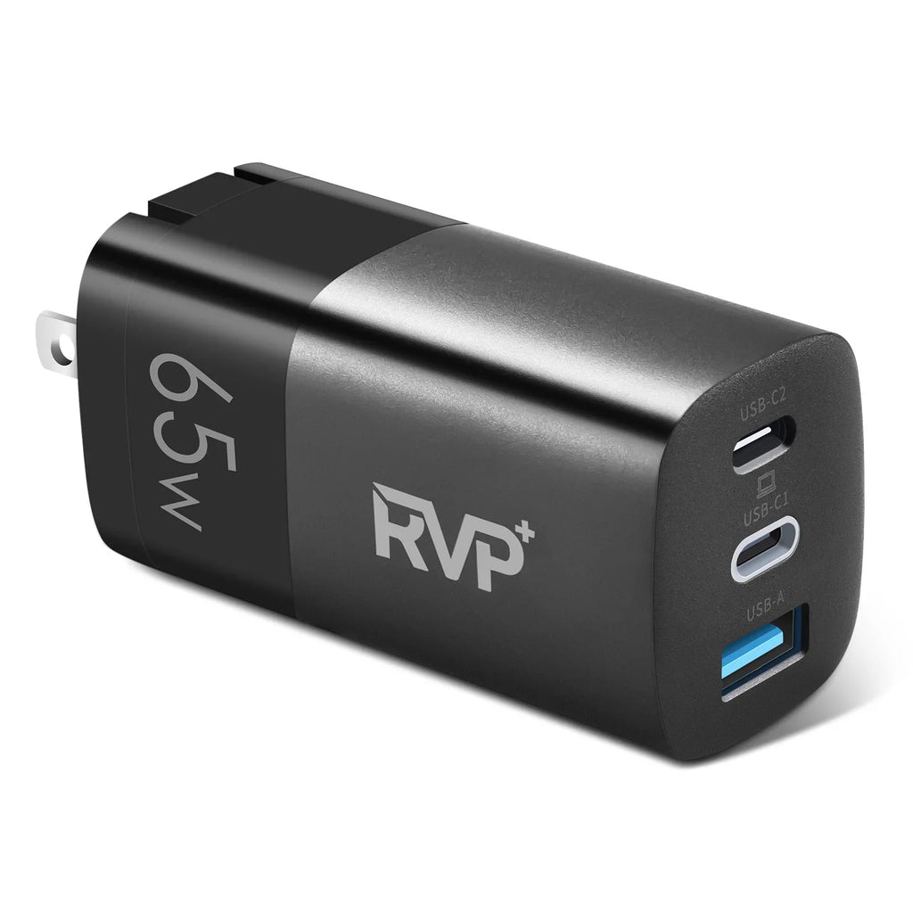 RVP+ 65W USB C and USB A Charger, (GaN) Tech Power Adapter, 3-Port Wall Charger, Foldable Fast Charger for iPhone, Smartphones, Tablets, Laptops - Black