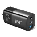 RVP+ 65W USB C and USB A Charger, (GaN) Tech Power Adapter, 3-Port Wall Charger, Foldable Fast Charger for iPhone, Smartphones, Tablets, Laptops - Black