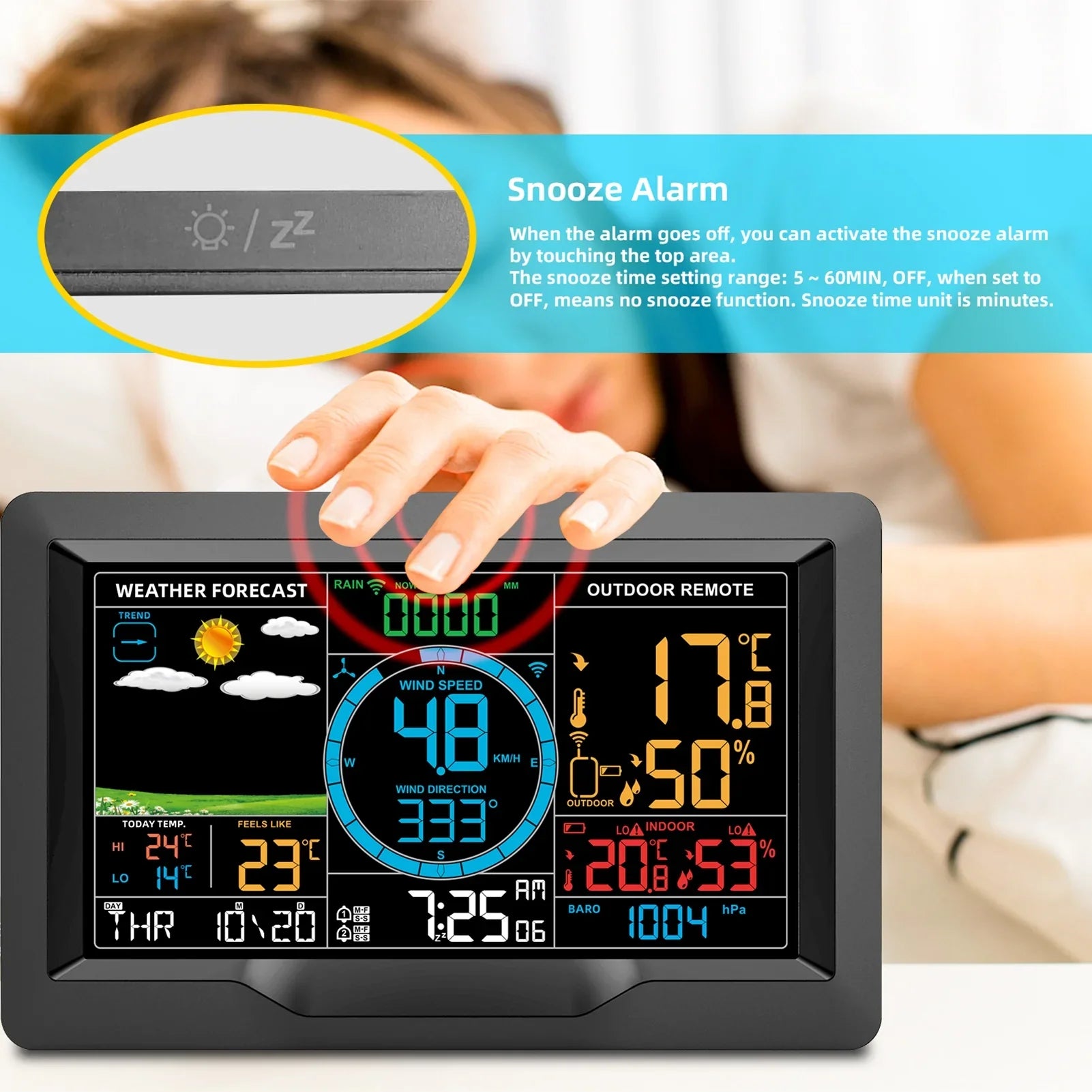 Suzicca Wireless Climate Station Indoor Hygrometer Thermometer Temperature Backlit Humidity Display Digital Climate Forecast Station Clock Alarm Clock with Sensor USB Port