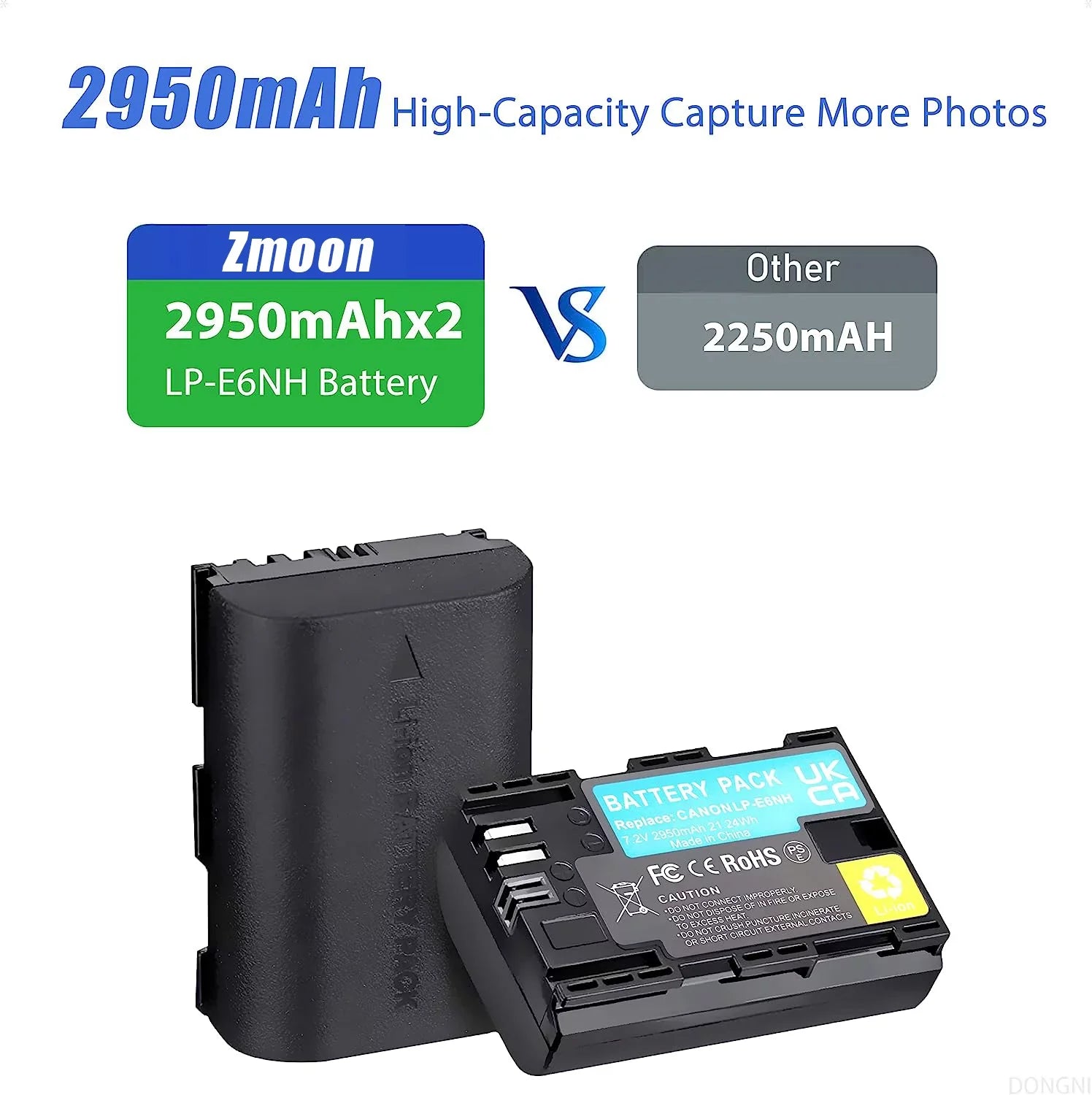 2-Pack LP-E6NH 2950mAh Batteries and Dual Charger for Canon EOS R R5 R6 5DS 6D 7D 60D 70D 80D 90D 5D Mark II/III/IV Camera