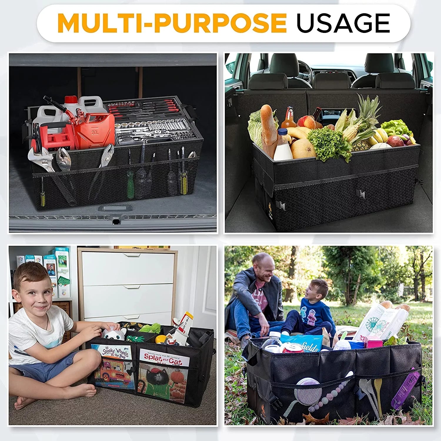 EcoNour Trunk Organizer for Car | Multi Compartment Collapsible Trunk Organizer for Cars and Suv’s | Black