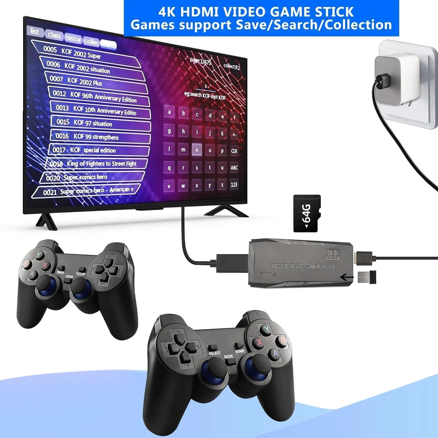 Retro Game Stick,Wireless Retro Game Console Built in 10000+ Games, 9 Emulators, Plug and Play Video Game Stick 4K HD Output with 2.4GHz Wireless Controllers (64G)
